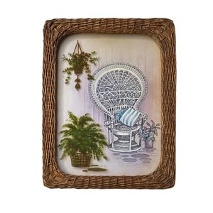 Vintage Boho Rattan Wicker Fan-Back Peacock Chair Fern Plants 3D Look 10x13